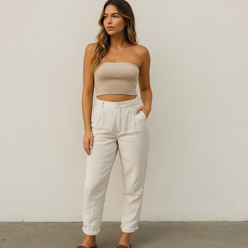 Elka Collective Tropea Pant Womens 2‎ Beige Linen High Waist Beachy Australian